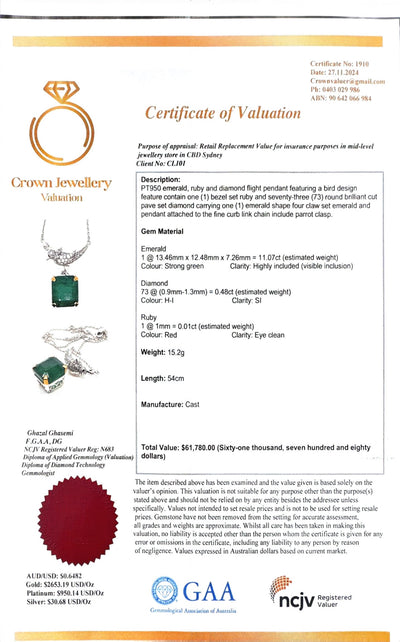 Platinum Emerald and Diamonds Bird Ring