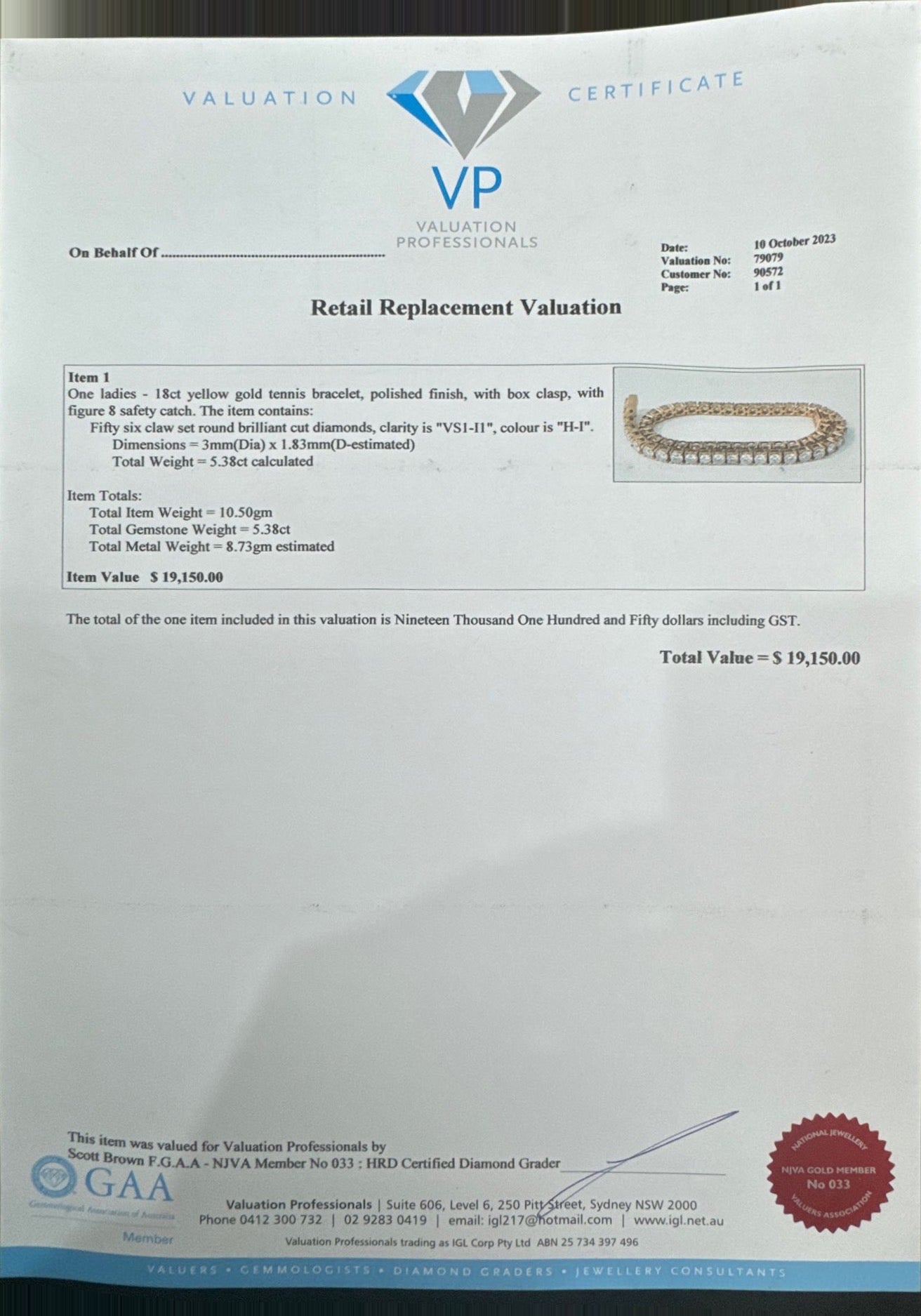 18ct YG Natural Diamond Tennis Bracelet