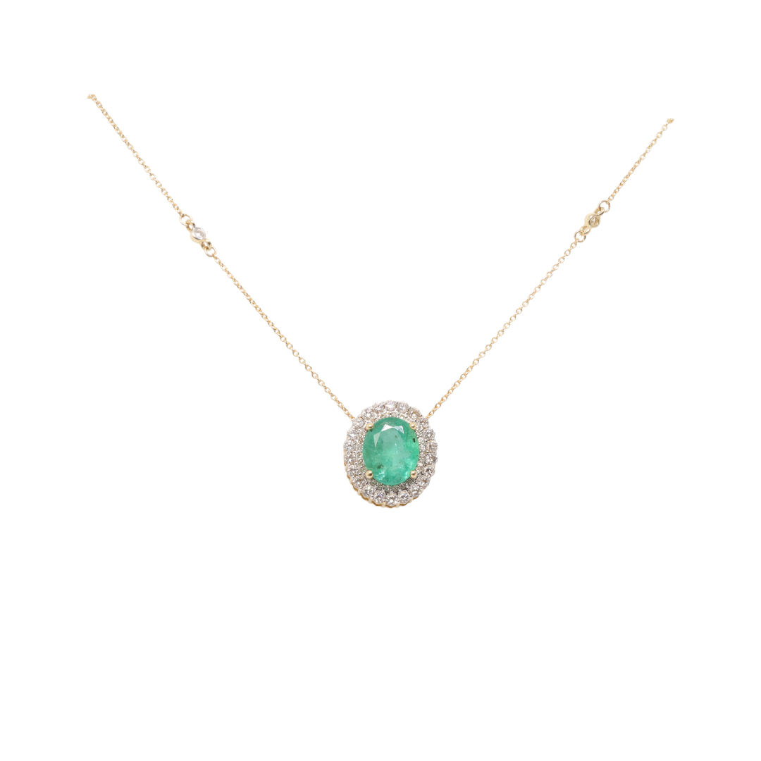 14ct Yellow Gold Emerald and Diamond Necklace and Pendant