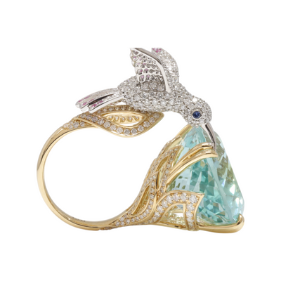 Aquamarine and Diamond Bird Ring in 18ct Yellow Gold