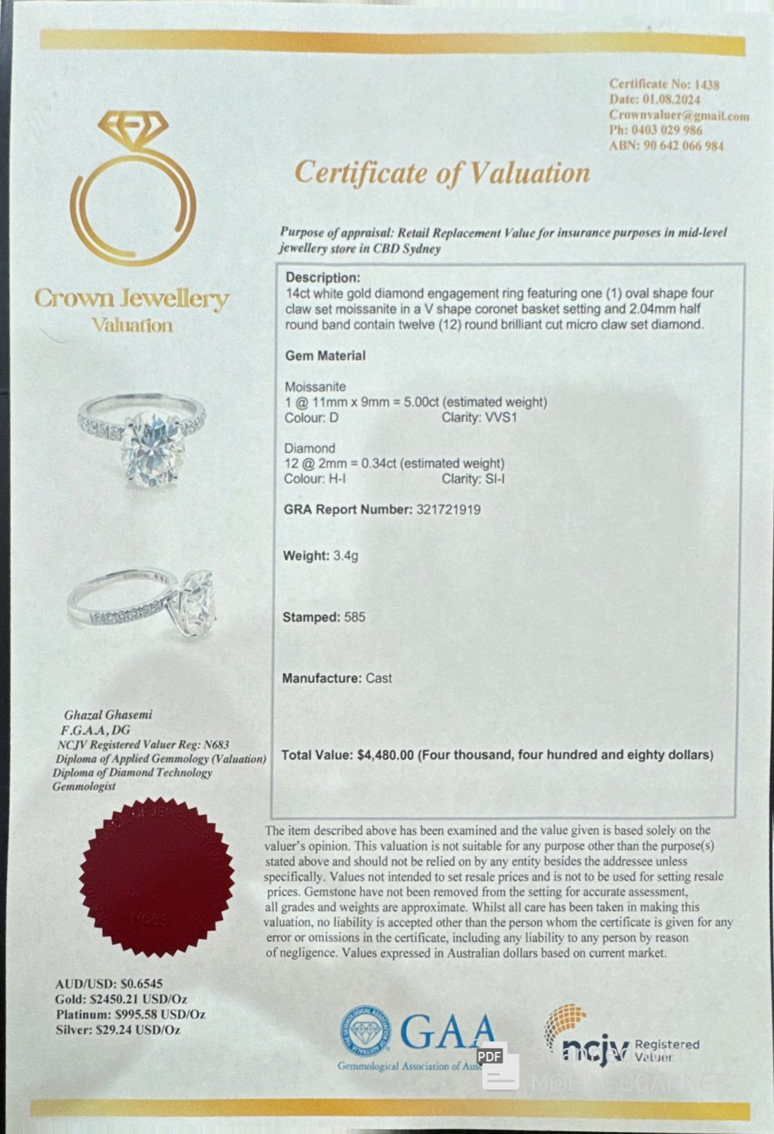 14ct WG Moissanite and Natural Diamond Ring