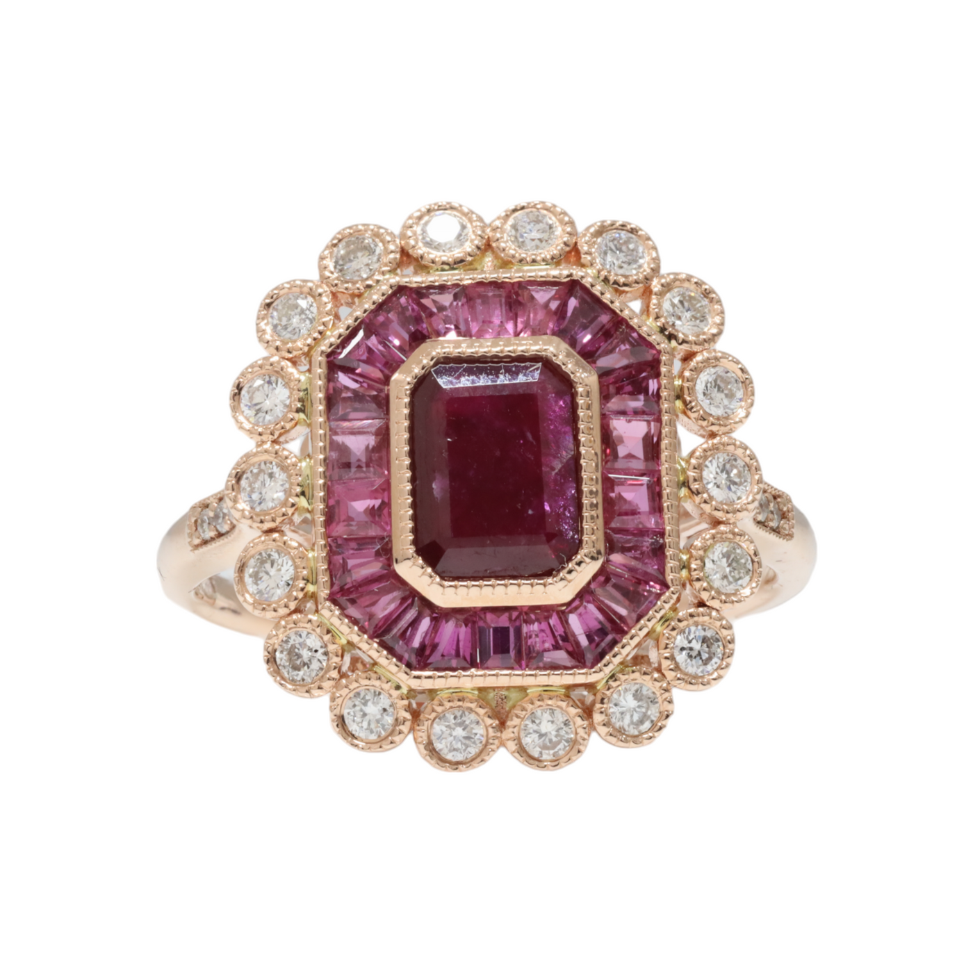 Ruby and Diamond Art Deco Style ring in 18ct RG