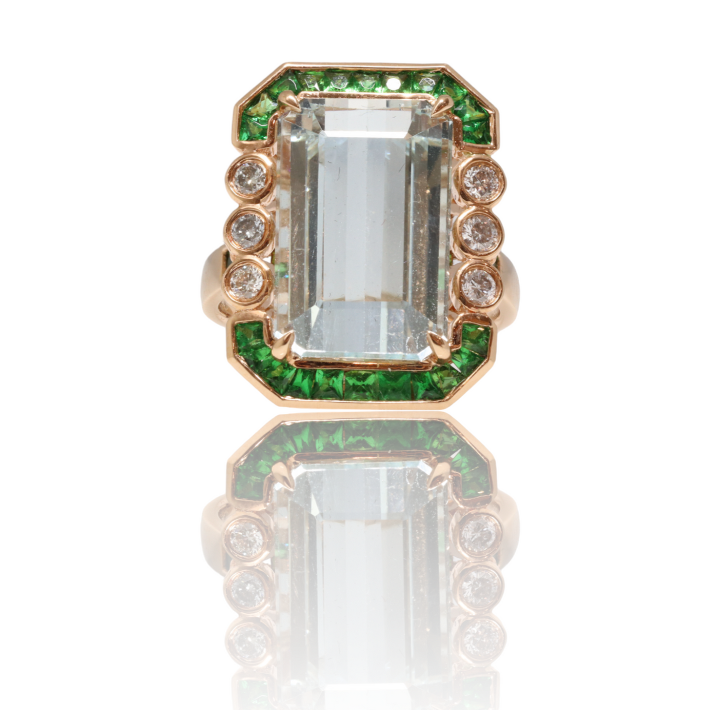 18ct rose gold Aquamarine, Tsavorite Garnet and Diamond ring