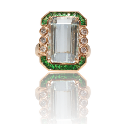 18ct rose gold Aquamarine, Tsavorite Garnet and Diamond ring