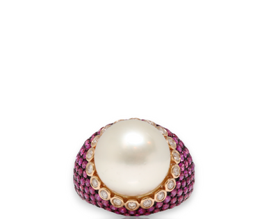 18CT Rose Gold South Sea Pearl, Ruby and Diamond Ring