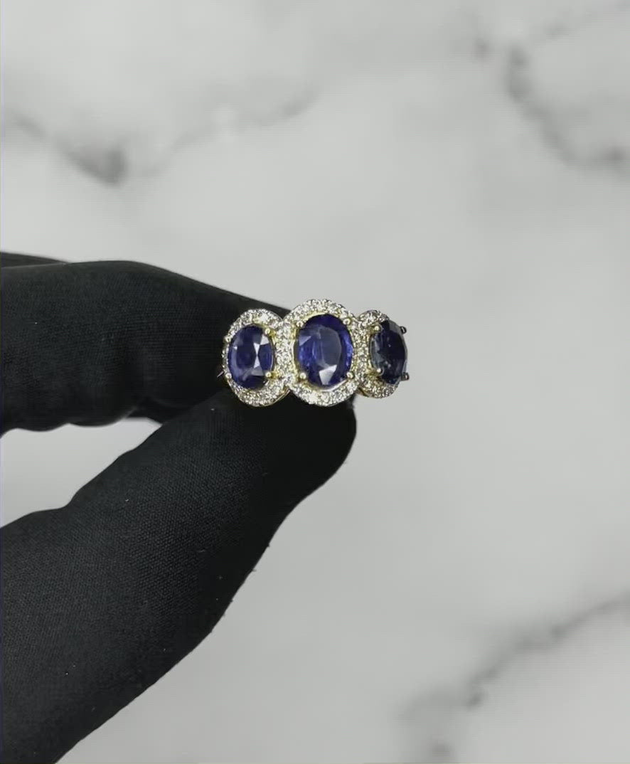 18CT Yellow Gold Trilogy Sapphire and Diamond Ring