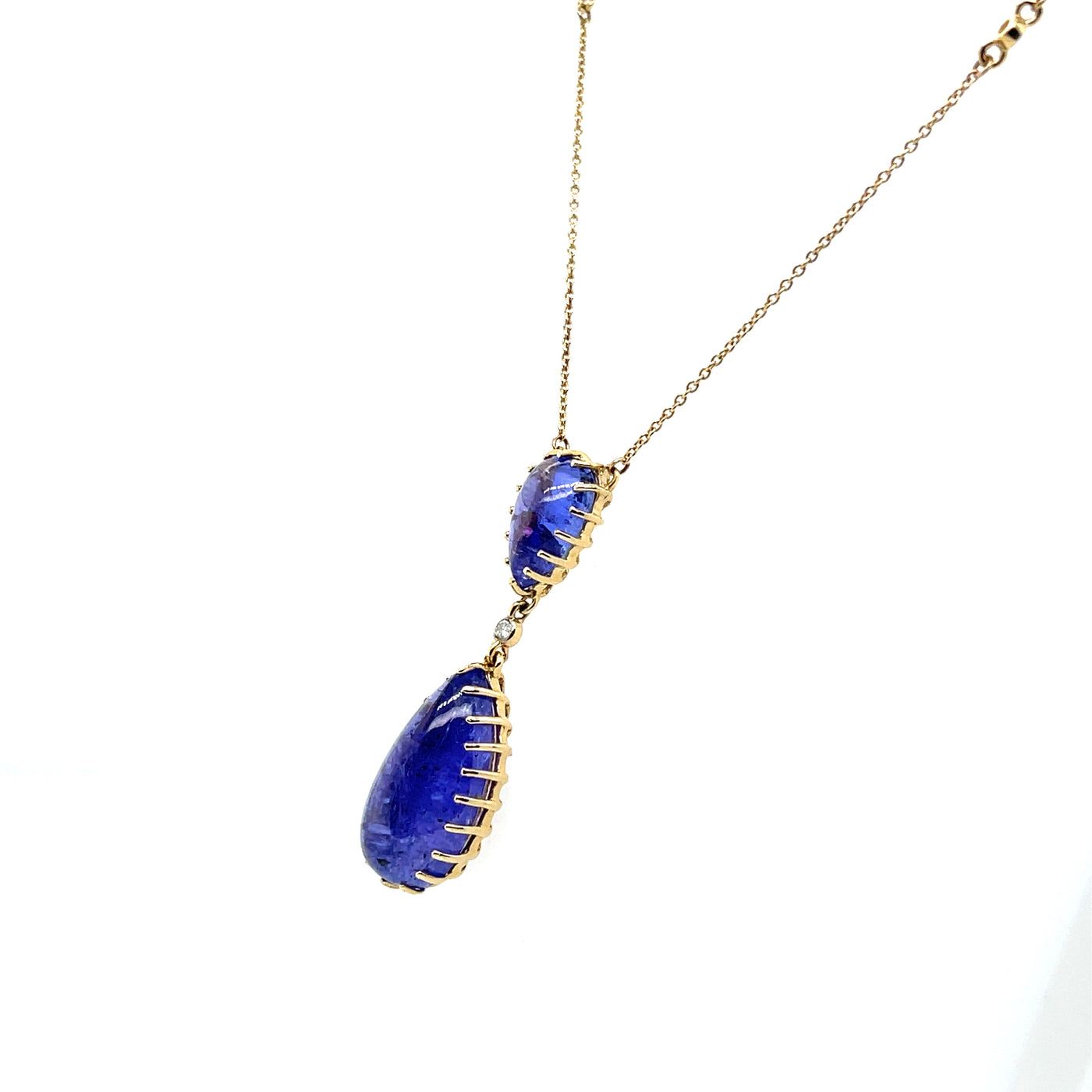 14CT Yellow Gold Double Drop Tanzanite Cabochons Pendant/Necklace