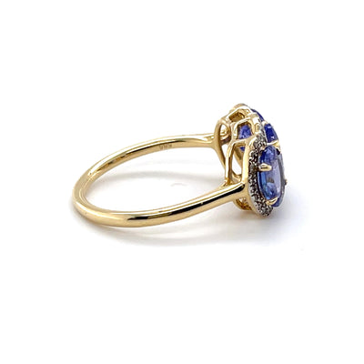 14CT Yellow Gold Tanzanite and Diamond Trilogy Ring