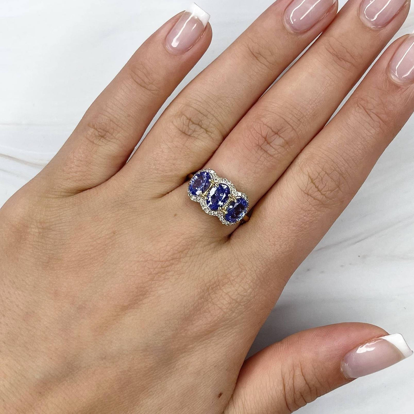 14CT Yellow Gold Tanzanite and Diamond Trilogy Ring