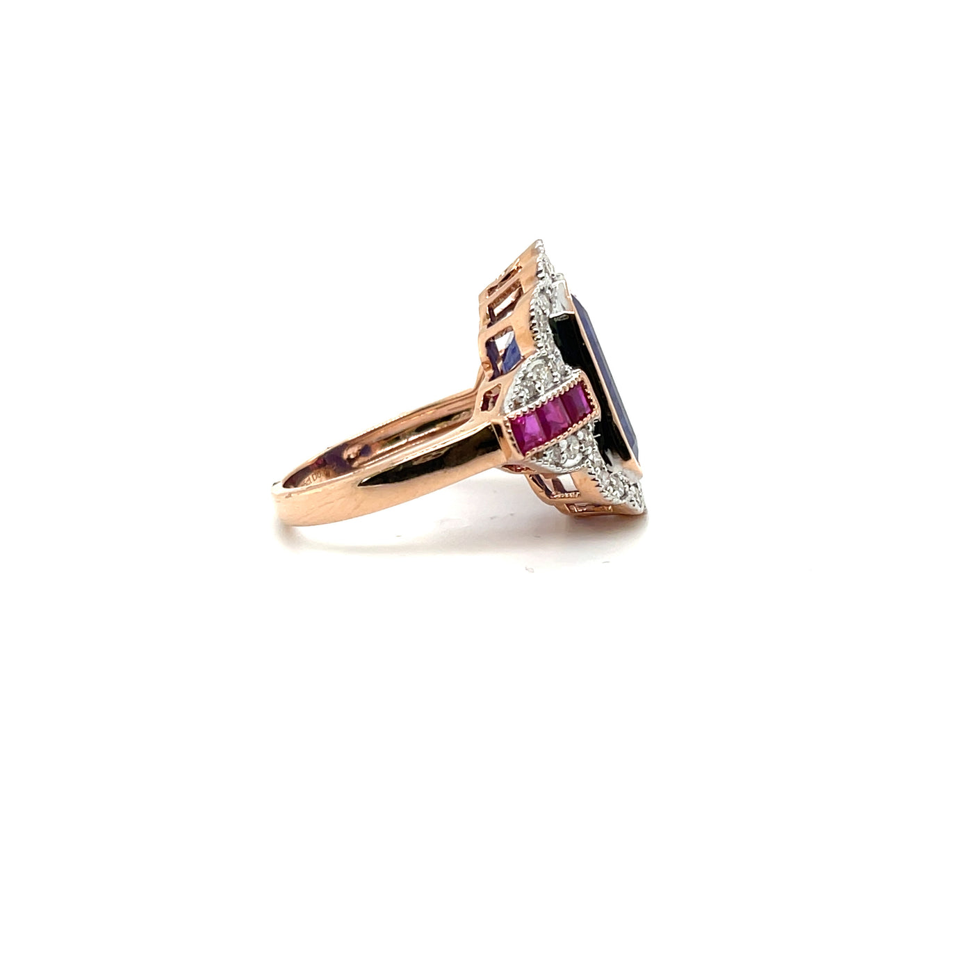 14ct rose gold Tanzanite, Ruby and Diamond ring