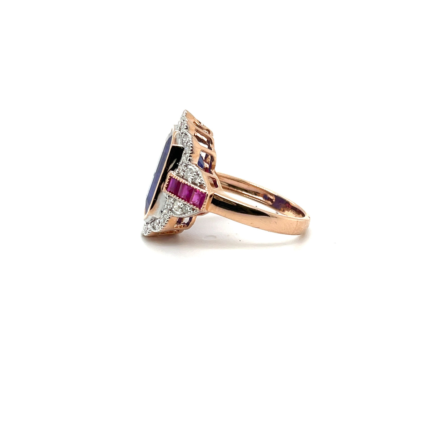 14ct rose gold Tanzanite, Ruby and Diamond ring