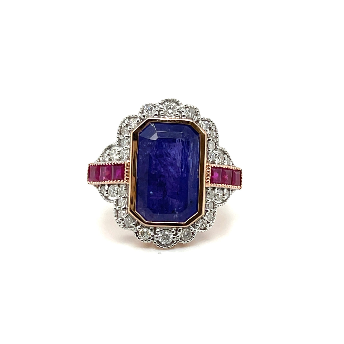 14ct rose gold Tanzanite, Ruby and Diamond ring