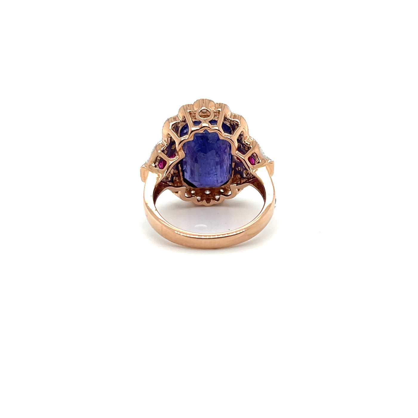 14ct rose gold Tanzanite, Ruby and Diamond ring