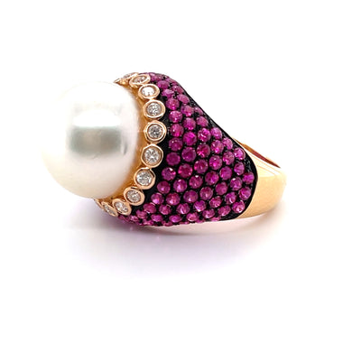 18CT Rose Gold South Sea Pearl, Ruby and Diamond Ring