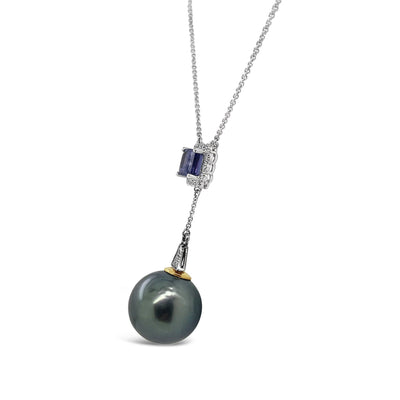 18CT White Gold Tahitian Pearl and Tanzanite Necklace