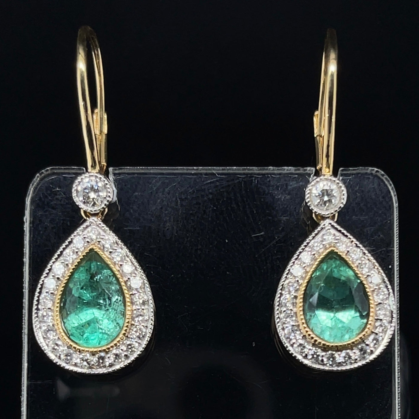 18CT Yellow Gold Pear Cut Colombian Emerald and Diamond Earrings