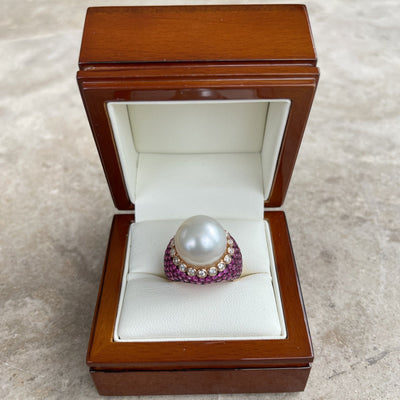 18CT Rose Gold South Sea Pearl, Ruby and Diamond Ring