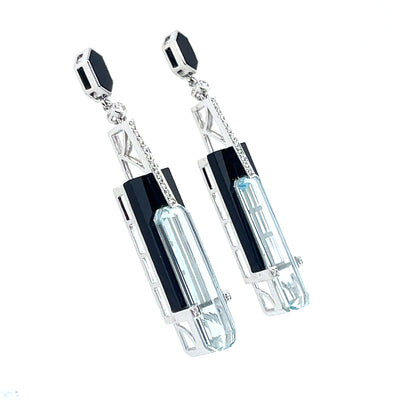 18CT white gold Aquamarine, onyx and diamond stud drop earrings