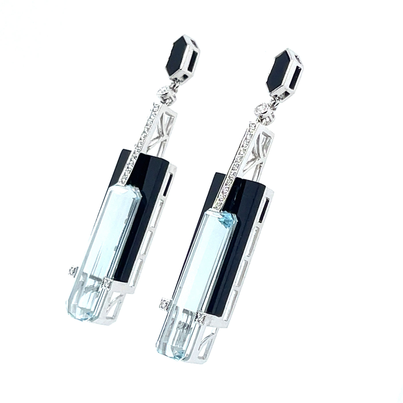 18CT white gold Aquamarine, onyx and diamond stud drop earrings