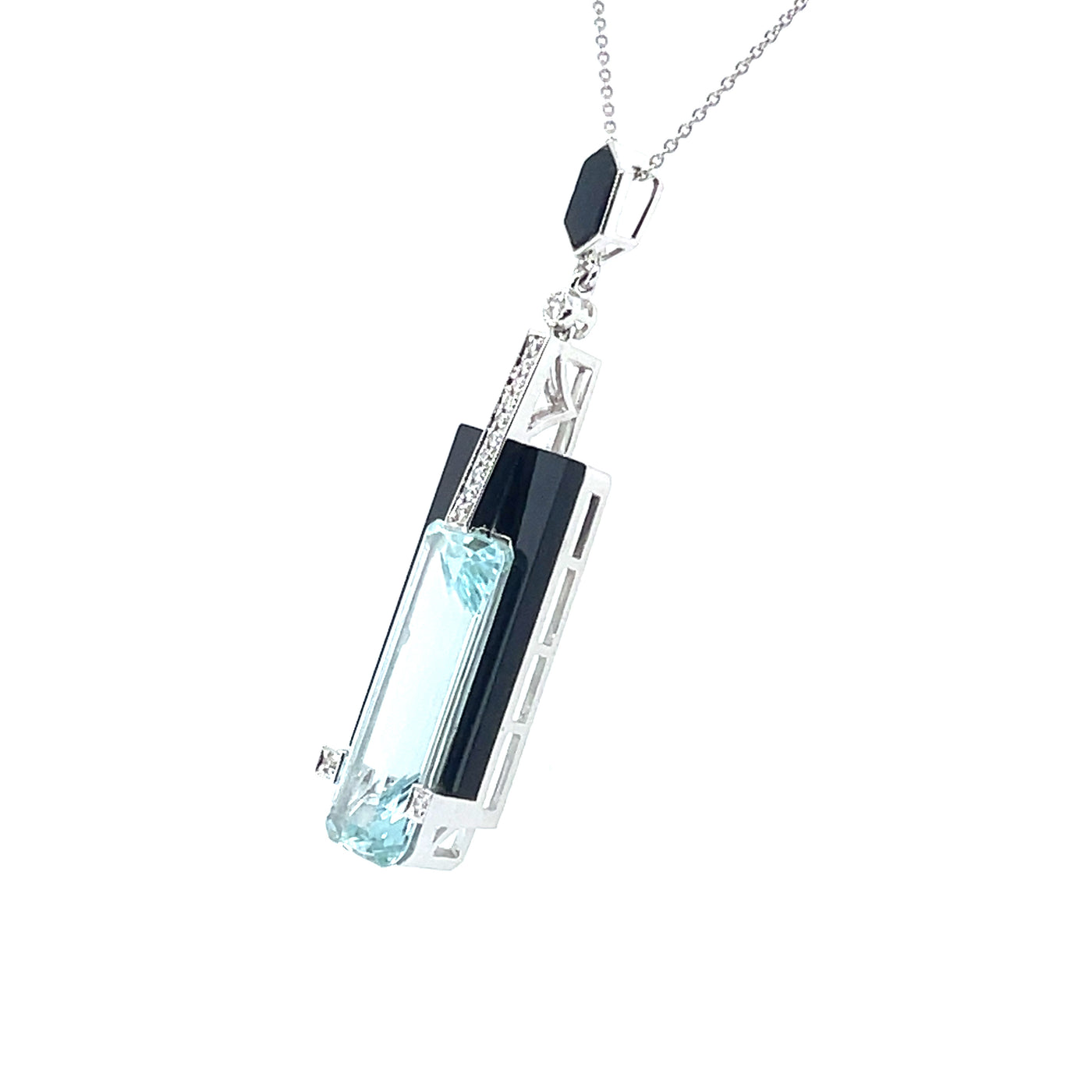 18CT white gold Aquamarine and Onyx pendant and necklace