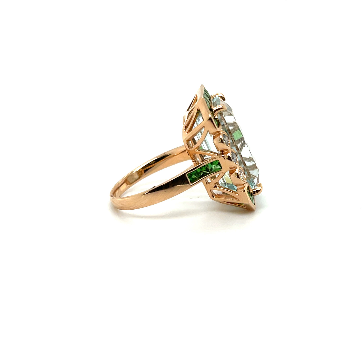 18ct rose gold Aquamarine, Tsavorite Garnet and Diamond ring