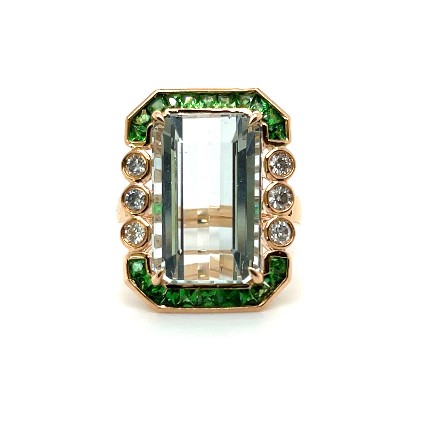 18ct rose gold Aquamarine, Tsavorite Garnet and Diamond ring