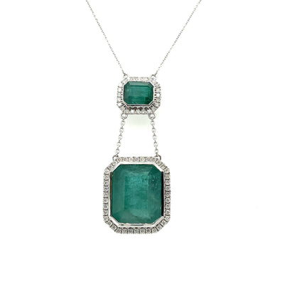 18ct white gold double emerald pendant and diamond necklace