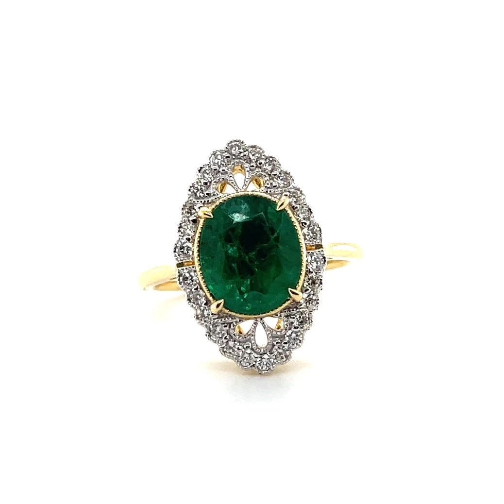 18ct yellow gold Emerald and Diamond Art Deco style ring