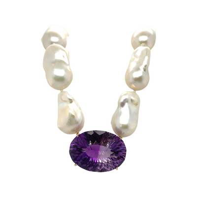 Baroque pearl and Amethyst Necklace and Pendant in 9ct Yellow Gold