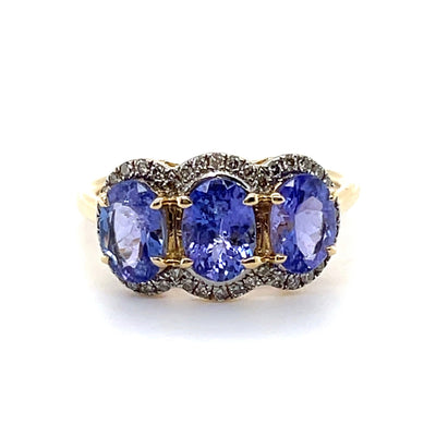 14CT Yellow Gold Tanzanite and Diamond Trilogy Ring