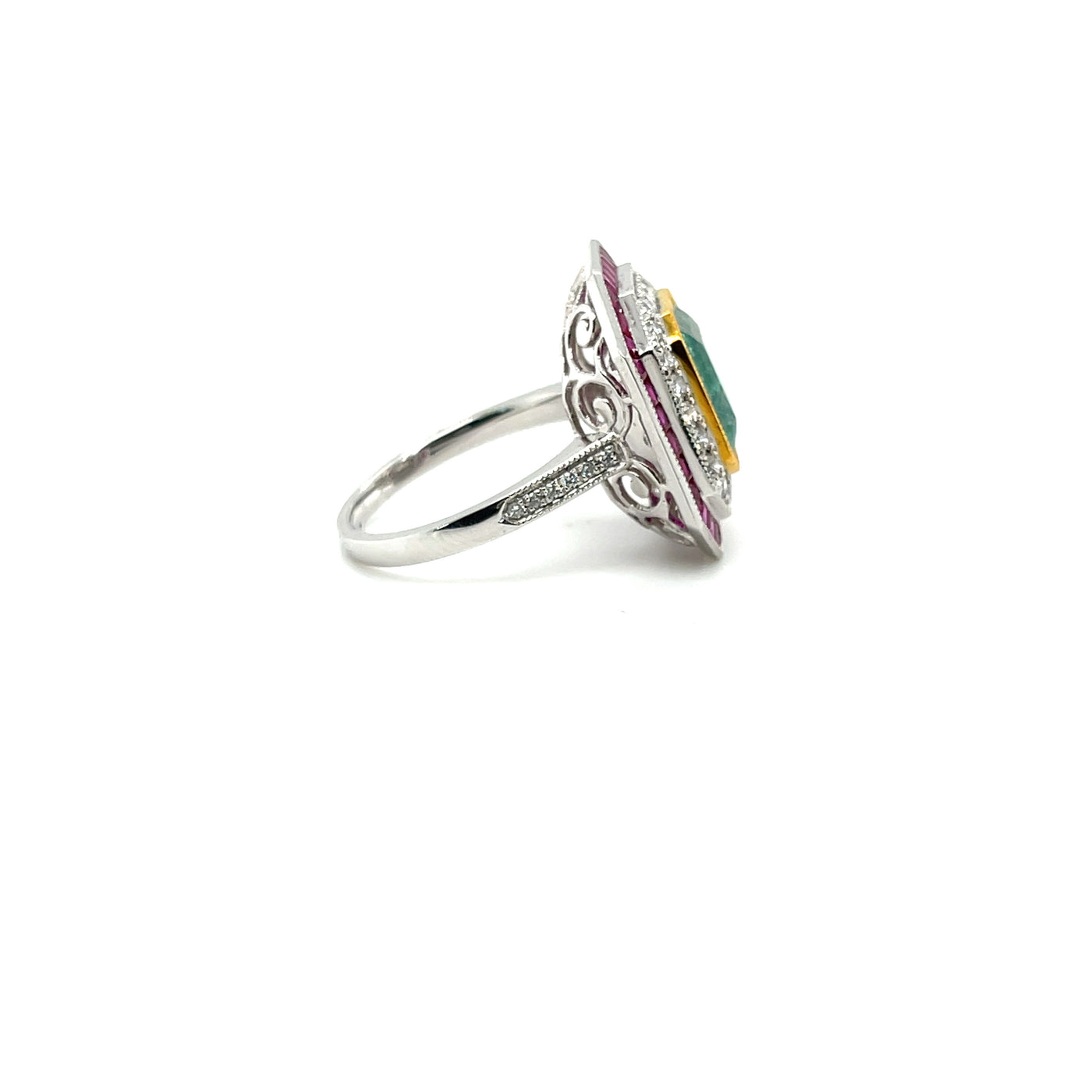 Platinum, Emerald, Ruby and Diamond cocktail ring