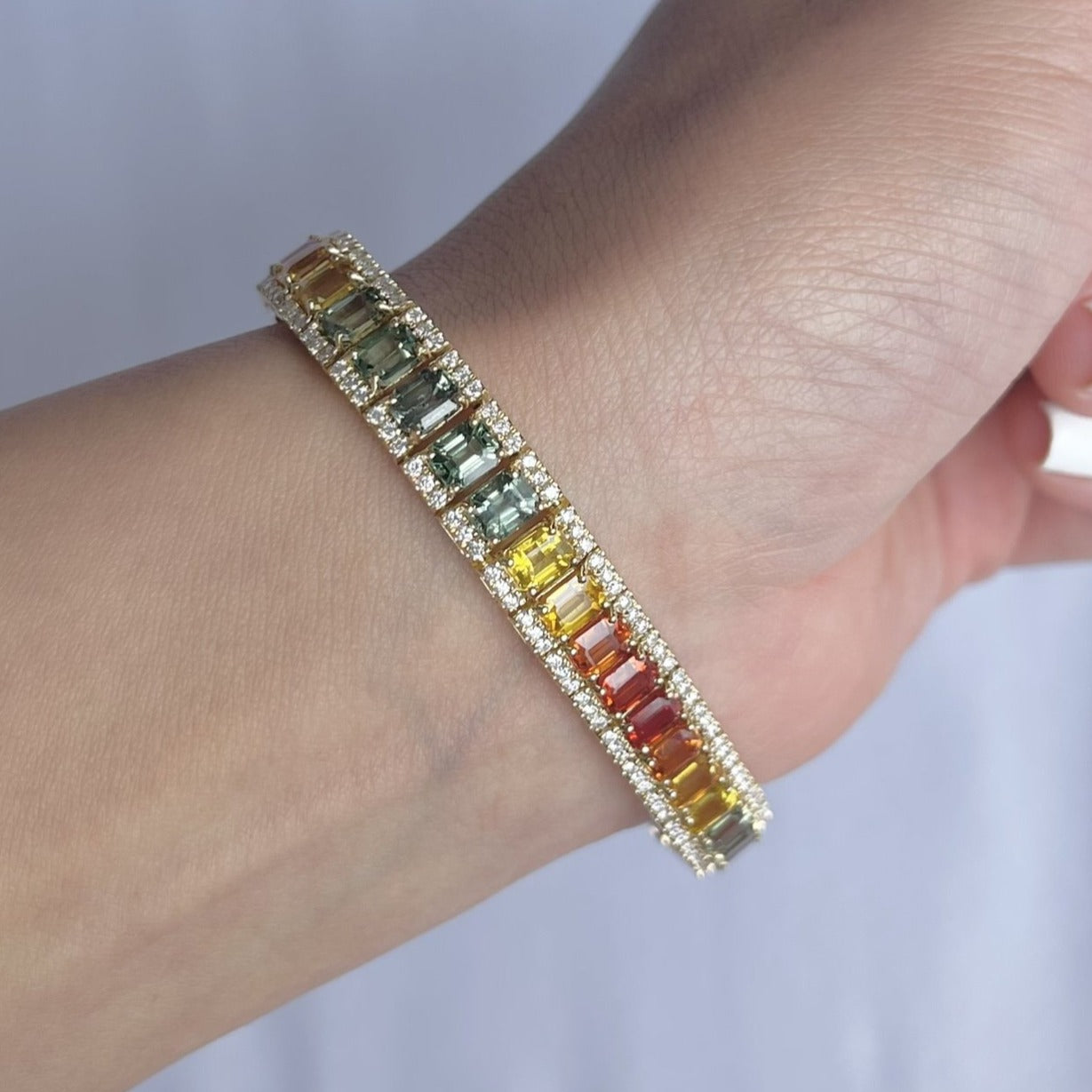 18CT yellow gold Multi-coloured sapphires and diamond bracelet