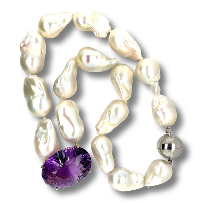 Baroque pearl and Amethyst Necklace and Pendant in 9ct Yellow Gold