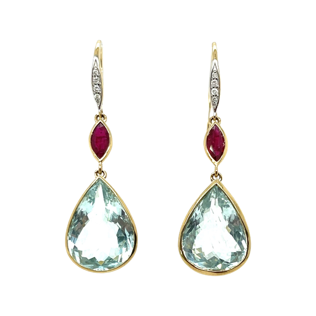 14ct yellow gold, Aquamarine , Diamond and Ruby earrings